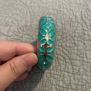 Gold and teal bangle bracelet with sparkly faux stones and Moroccan pattern